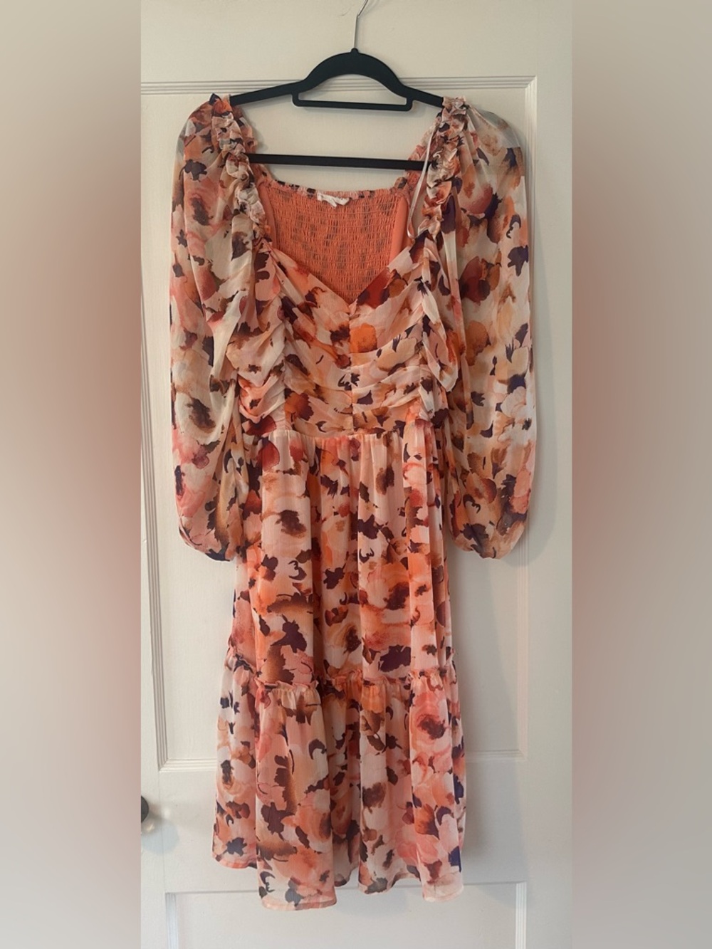 Floral Ruffle Tiered Midi Dress in Peach Pink Size XL